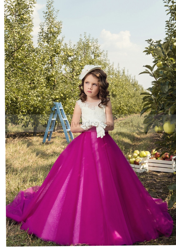 Ivory Lace Fuchsia Tulle Corset Back Flower Girl Dress Ivory Lace Fuchsia Tulle Corset Back Flower Girl Dress